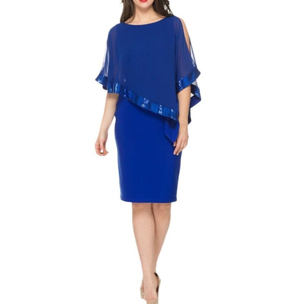 Joseph Ribkoff Sapphire Blue Ruffled Trim Draped Overlay Formal Dress Size 2